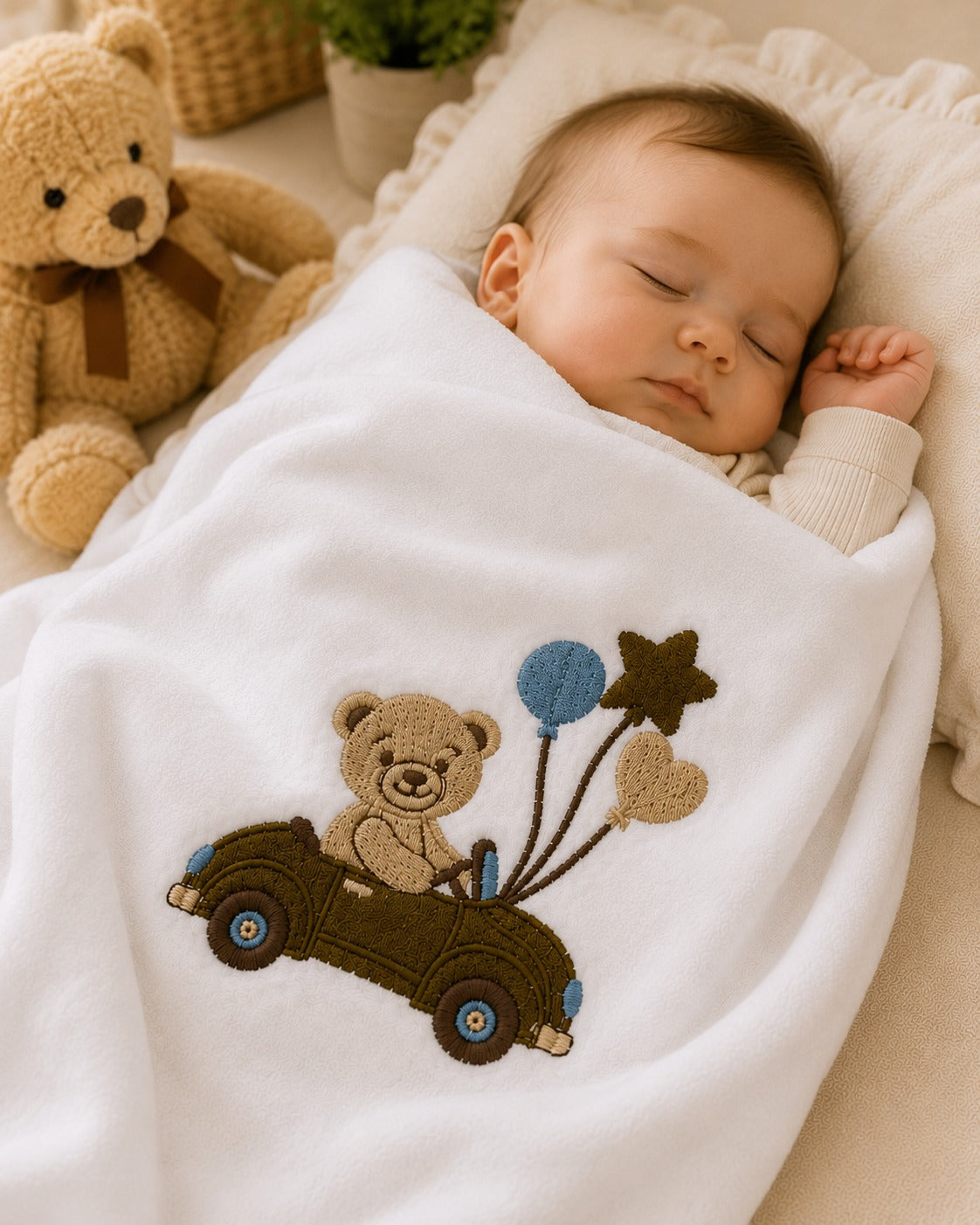 Newborn sleeping with white teddy bear embroidered baby blanket