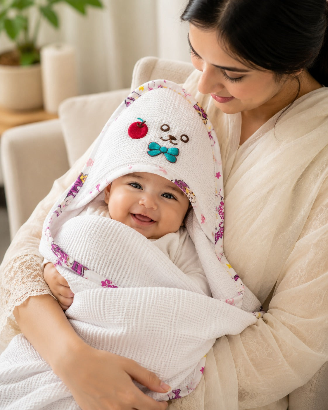 Baby wrapped in the teddy and apple embroidered hooded towel