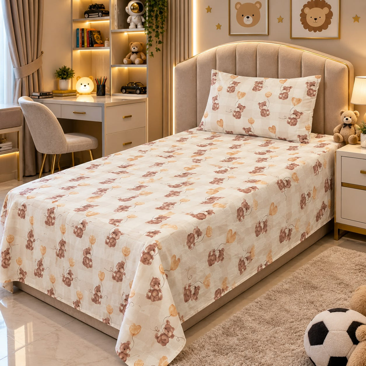 Teddy Bear Balloons Kids Single Bed Sheet with Pillow Case