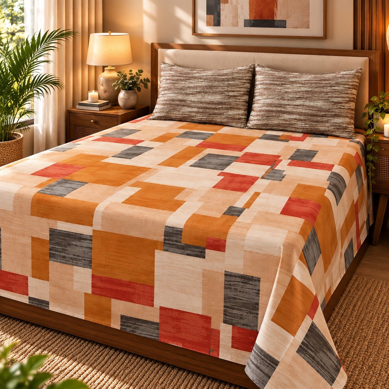 Terracotta Blocks Printed Cotton Double Bed Sheet with 2 Pillow Cases - The Idea