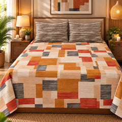 Terracotta Blocks Printed Cotton Double Bed Sheet with 2 Pillow Cases - The Idea