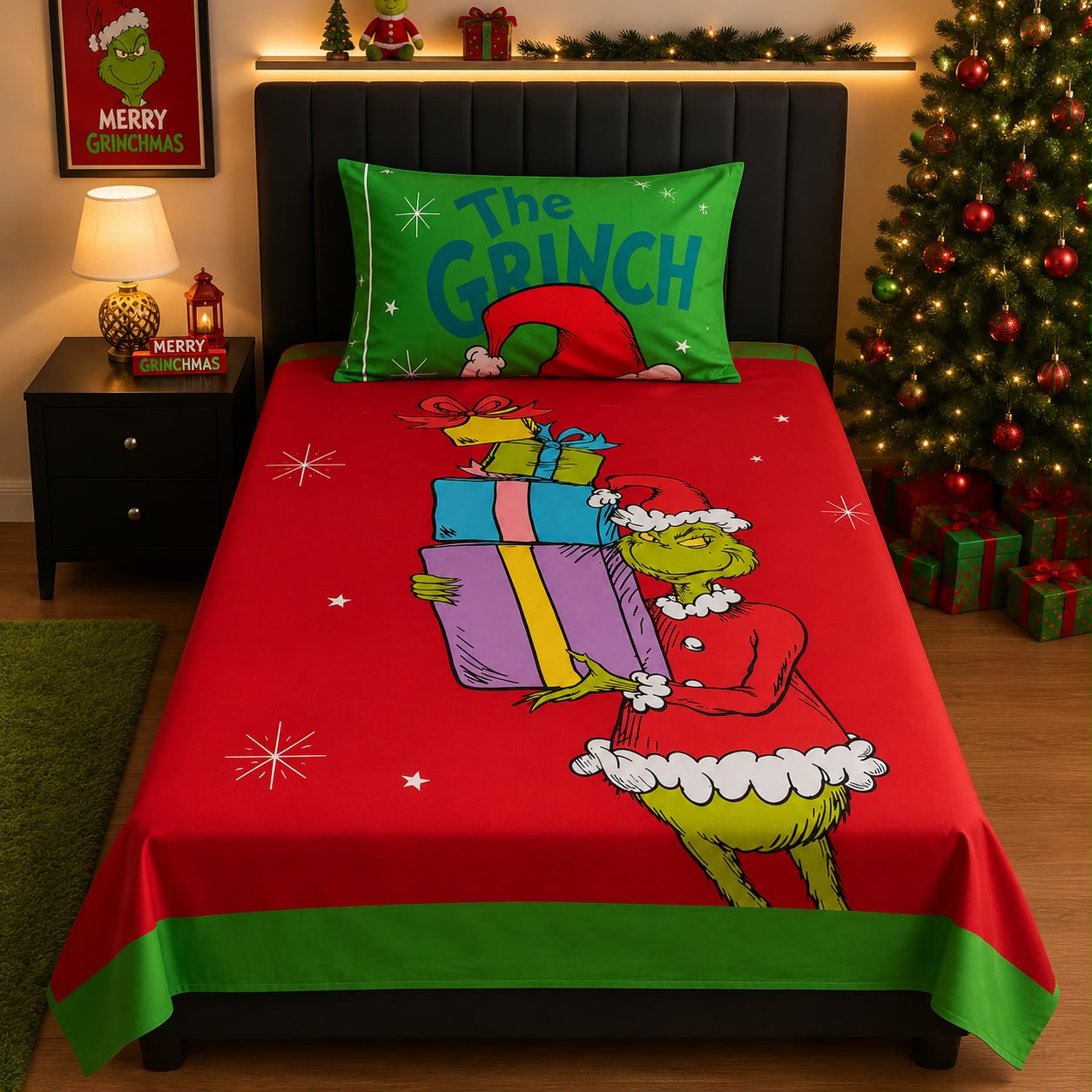The Grinch Christmas kids single bed sheet with pillow case by Haris Collection