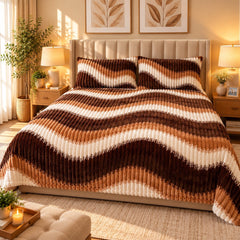 Toffee Ribbon Stripe Fleece Double Bed Sheet with 2 Pillow Cases - 90 x 95 Inches - The Idea