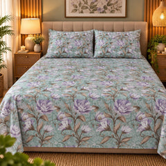 Tropical Hibiscus Stripe Printed Cotton Double Bed Sheet with 2 Pillow Cases - The Idea
