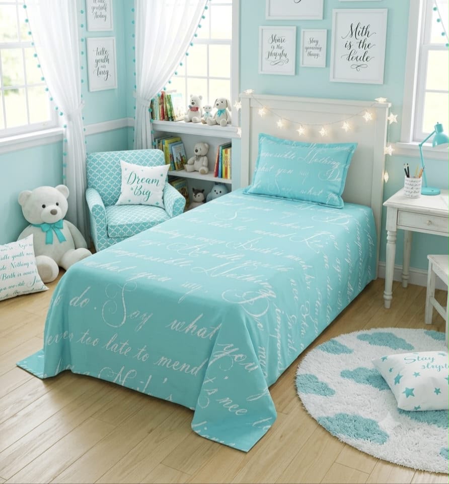 Turquoise Script Single Bed Sheet with Pillow Case