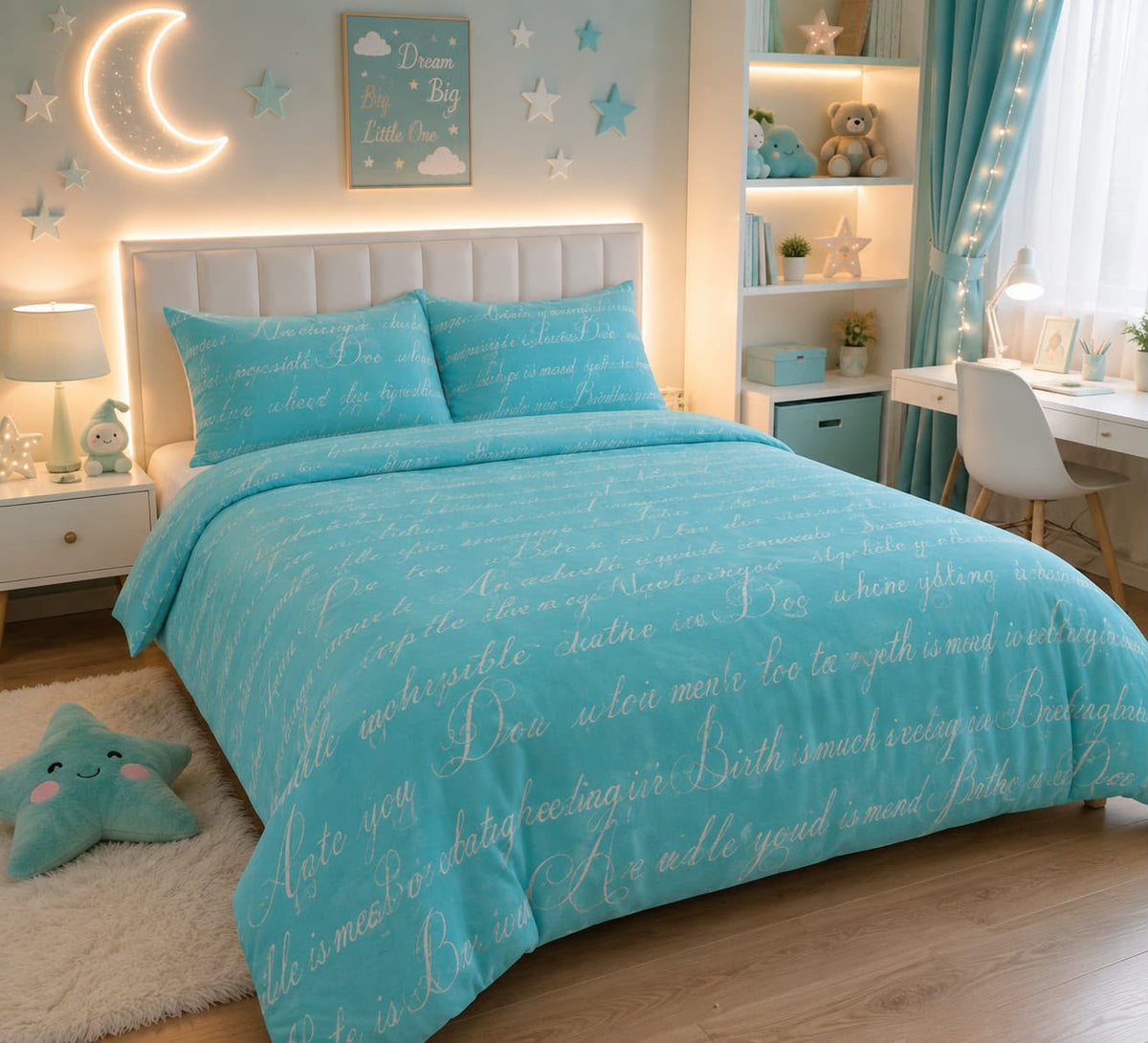 Turquoise Script Kids Double Bed Sheet with 2 Pillow Cases