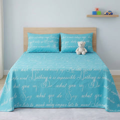 Blue Typography Script Kids Double Bed Sheet with 2 Pillow Cases