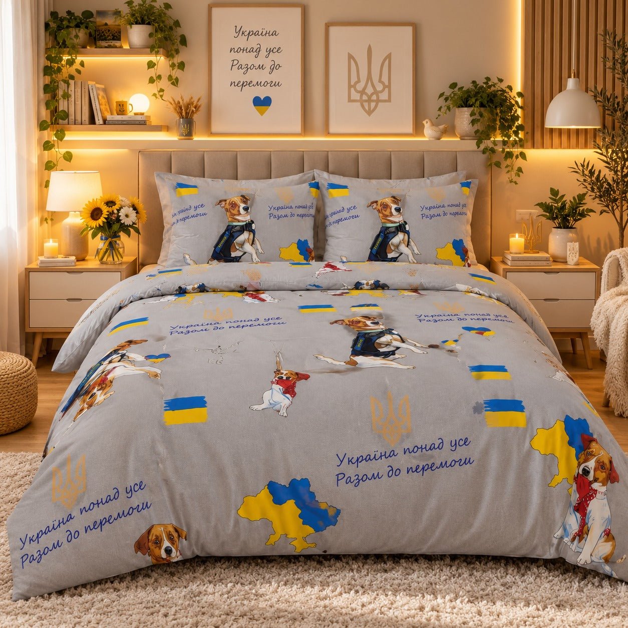 Ukraine Patriotic Dogs Kids Double Bed Sheet with 2 Pillow Cases - The Idea