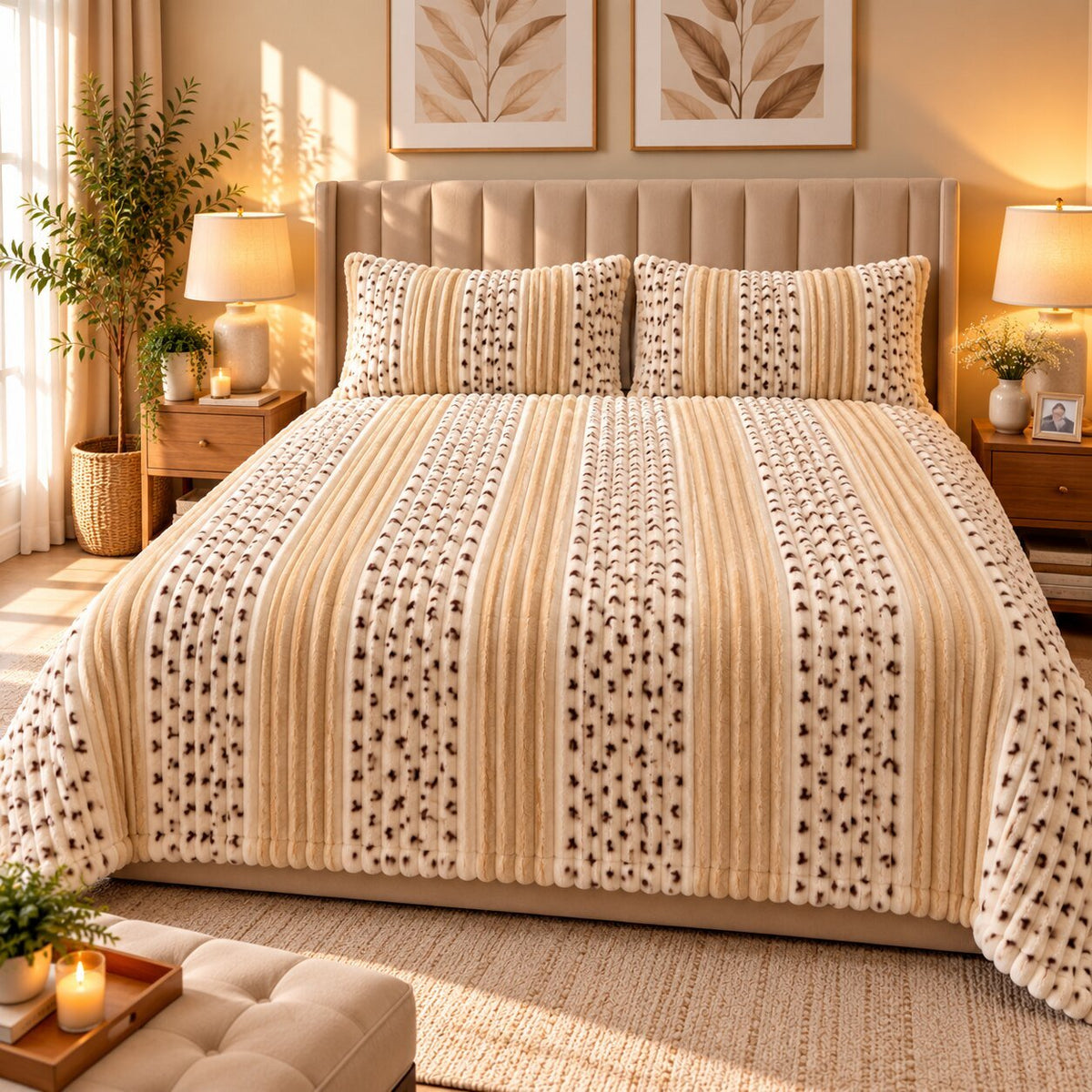 Vanilla Dot Fleece Double Bed Sheet with 2 Pillow Cases - 90 x 95 Inches - The Idea