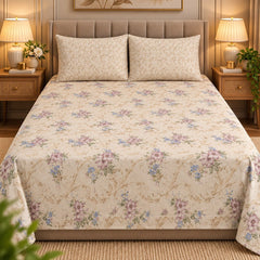 Vintage Mauve Scroll Printed Cotton Double Bed Sheet with 2 Pillow Cases - The Idea