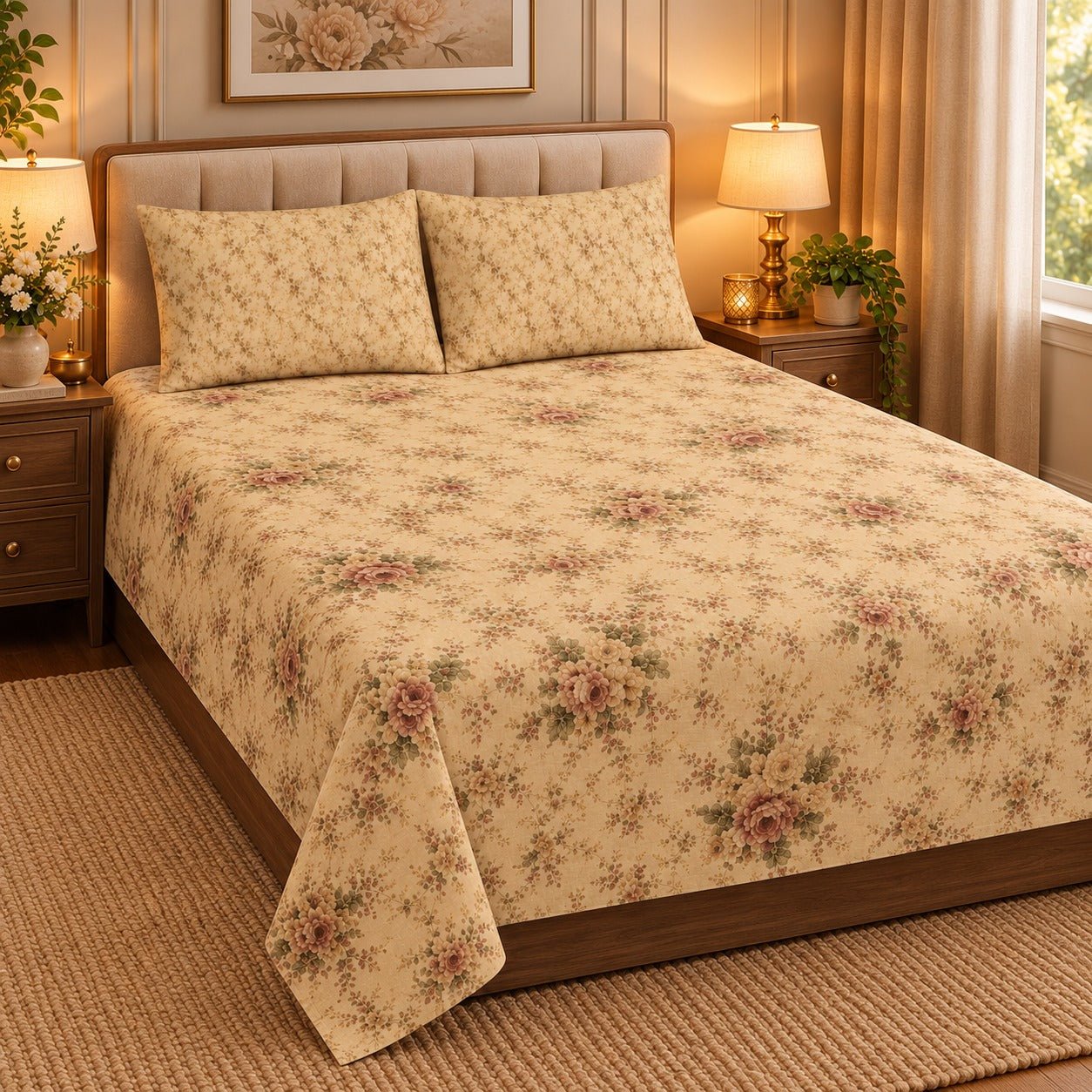 Vintage Rose Cream Printed Cotton Double Bed Sheet with 2 Pillow Cases - The Idea