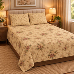 Vintage Rose Cream Printed Cotton Double Bed Sheet with 2 Pillow Cases - The Idea