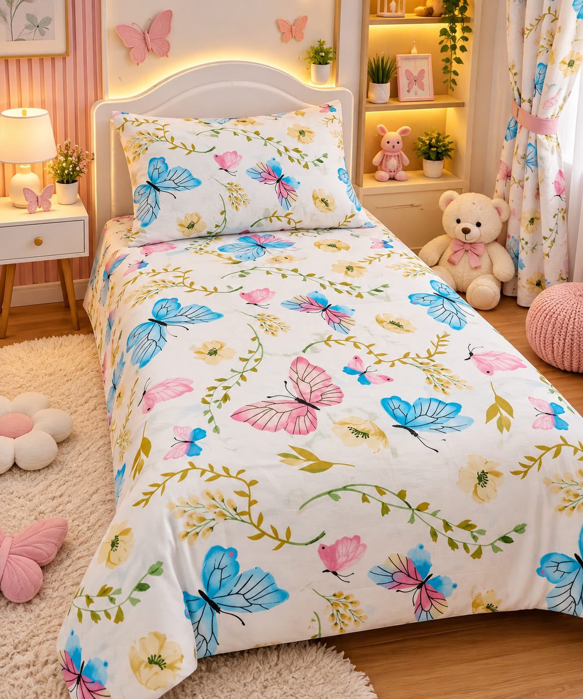 Watercolour Butterfly Garden Kids Single Bed Sheet with Pillow Case - The Idea