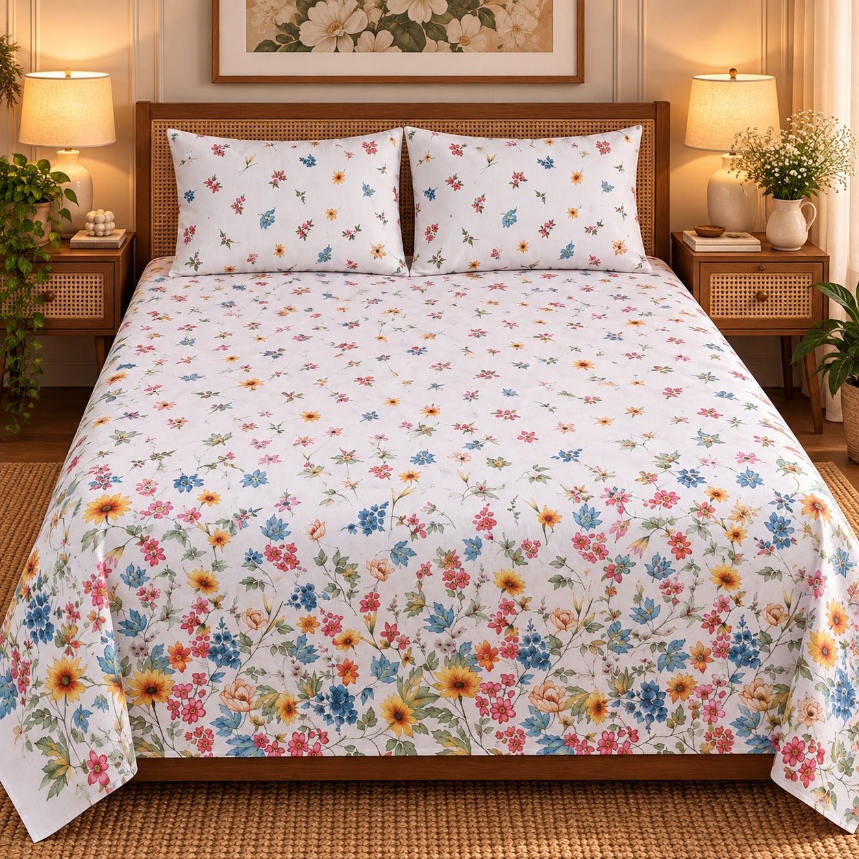 Wildflower Meadow Printed Cotton Double Bed Sheet with 2 Pillow Cases - The Idea