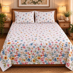 Wildflower Meadow Printed Cotton Double Bed Sheet with 2 Pillow Cases - The Idea