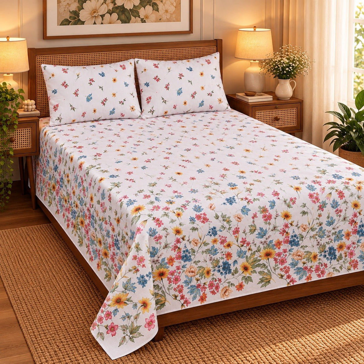 Wildflower Meadow Printed Cotton Double Bed Sheet with 2 Pillow Cases - The Idea