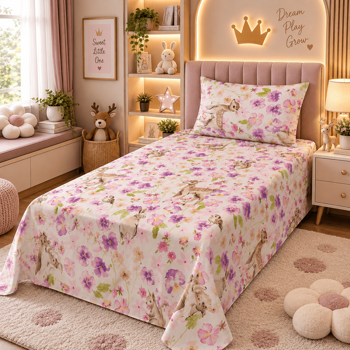 Woodland Deer Blossom Kids Single Bed Sheet with Pillow Case - The Idea