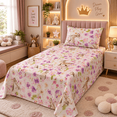 Woodland Deer Blossom Kids Single Bed Sheet with Pillow Case - The Idea