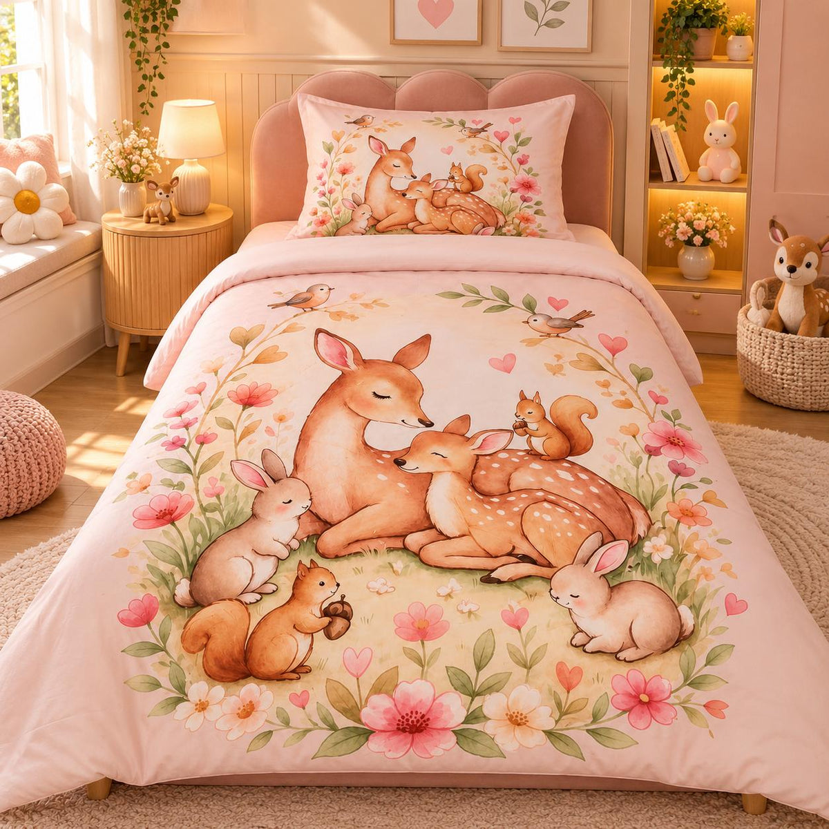Woodland Deer Family Kids Single Bed Sheet with Pillow Case - The Idea