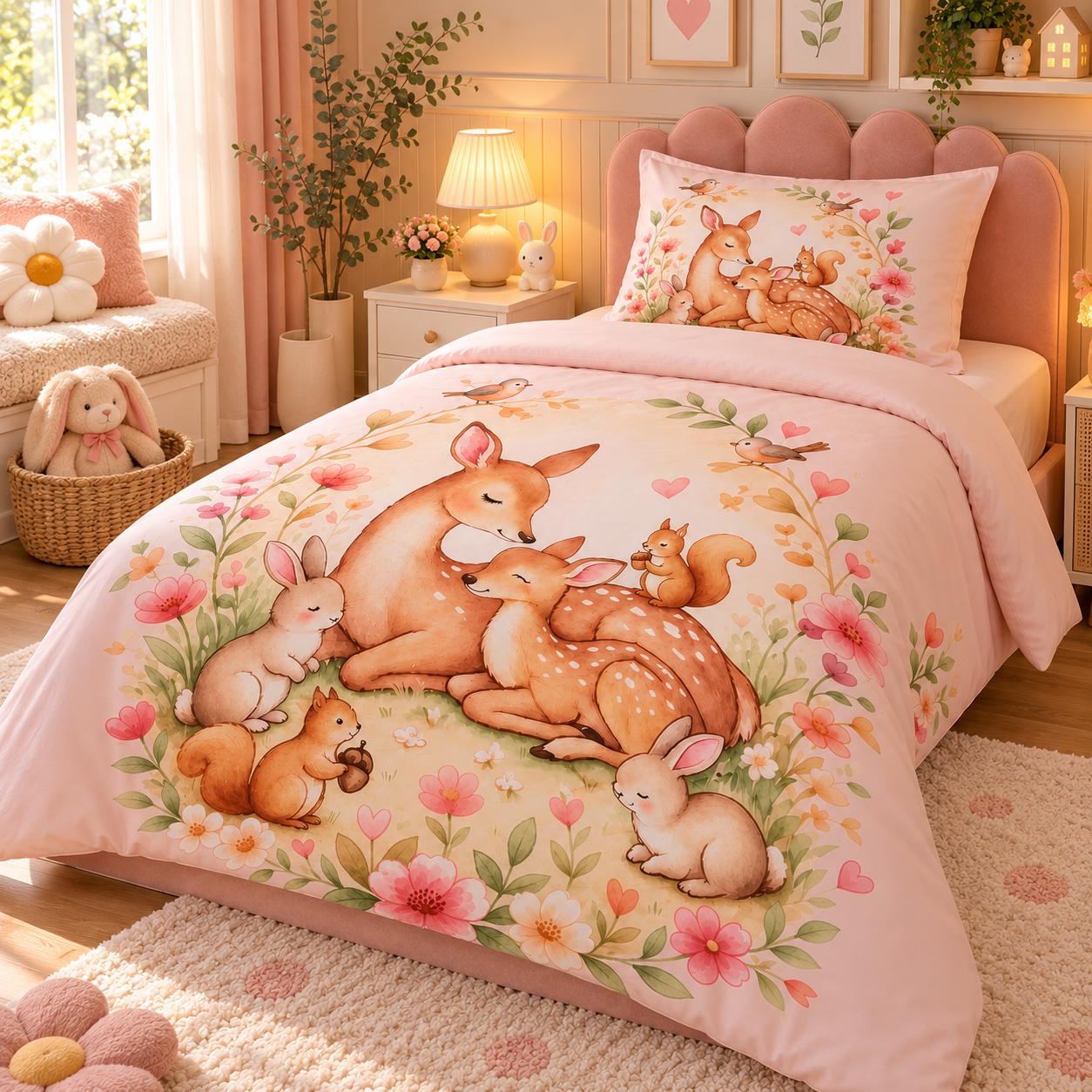 Woodland Deer Family Kids Single Bed Sheet with Pillow Case - The Idea
