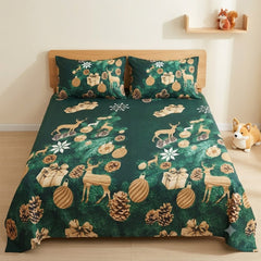 Christmas Reindeer Pinecone Kids Double Bed Sheet with 2 Pillow Cases